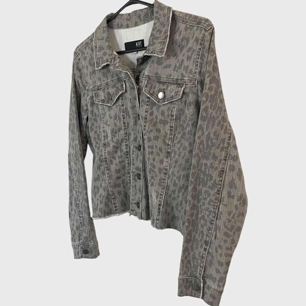 Kut From The Kloth Hand-Painted Denim Jacket Women's Medium Gray Cheetah Print - Picture 2 of 13